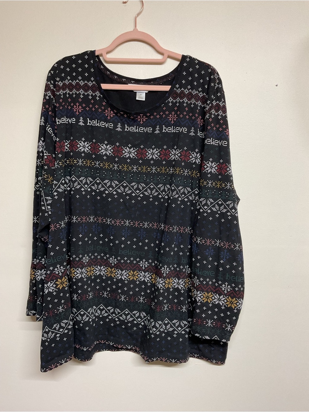 CJ Banks Black Crewneck Sweater with Multicolor Fair Isle 'Believe' Pattern